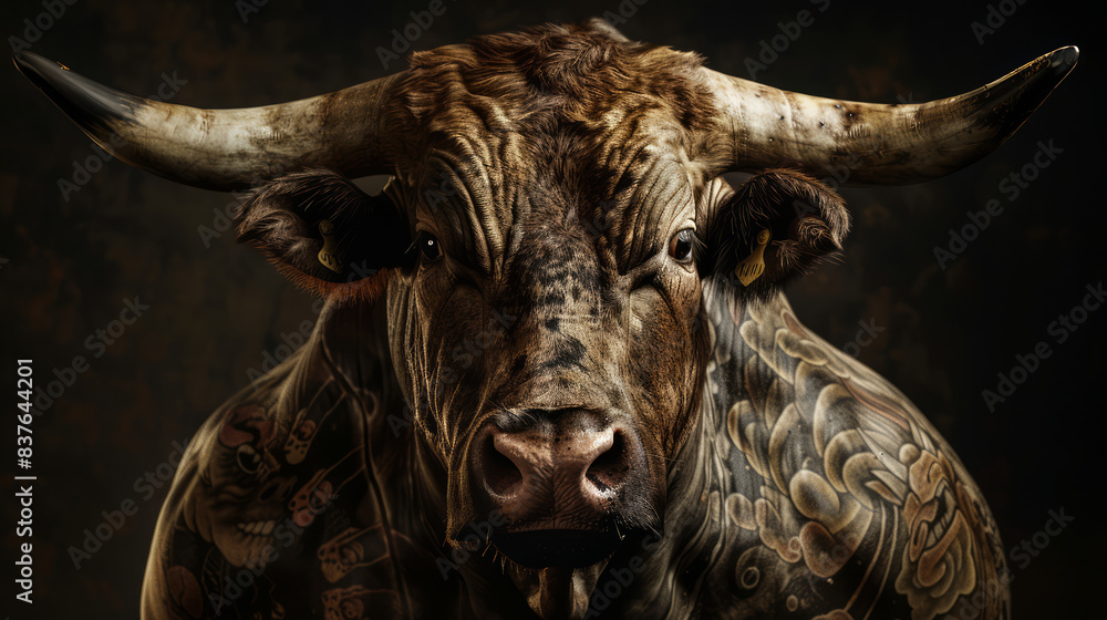 Naklejka premium Image of a bull photographed with studio lights, a bull with a Japanese tattoo, on a black background.