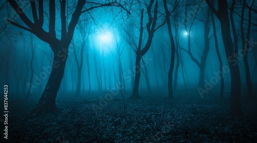  A foggy forest teeming with numerous trees  an end with a solitary light devoid of surrounding leaf-strewn ground and bare branches