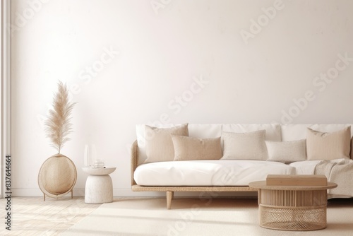 Boho Living Room Interior With White Sofa And Blank Wall
