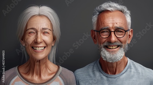  An older man and a younger woman are depicted in this image, standing facing back-to-back against a gray background photo