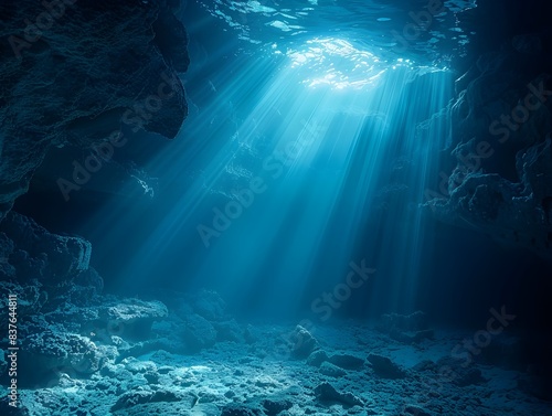 Mesmerizing Underwater Cave with Ethereal Sunbeams Illuminating the Aquamarine Waters