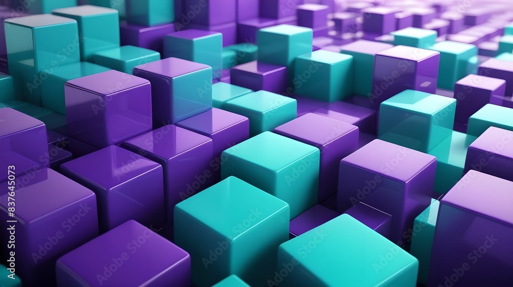 Contemporary Tech Background with Precisely Aligned Multisized Cubes. Purple and Aqua, 3D Render. Contemporary Tech Background with Precisely Aligned Multisized Cubes. Purple and Aqua, 3D Render.