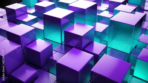 Contemporary Tech Background with Precisely Aligned Multisized Cubes. Purple and Aqua, 3D Render. photo