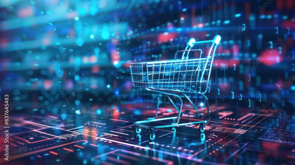 A futuristic online shopping background featuring a holographic shopping cart icon with holographic code elements, symbolizing the cutting-edge technology behind e-commerce platforms. A futuristic online shopping background featuring a holographic shopping cart icon with holographic code elements, symbolizing the cutting-edge technology behind e-commerce platforms.