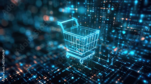 A futuristic online shopping background featuring a holographic shopping cart icon embedded with code, symbolizing the integration of technology and e-commerce in a CGI 3D render. © Dara