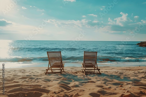 Two chairs on the beach with sea and sky in the background.