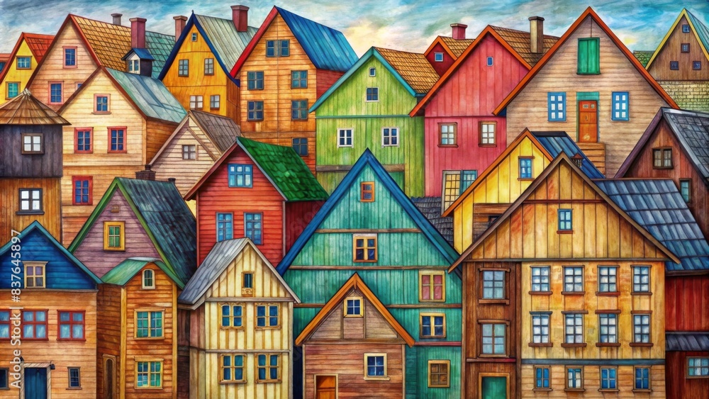 A colorful painting of many houses, houses made by wood, houses made in the same shape but different colors and sizes, houses with wooden windows A colorful painting of many houses, houses made by wood, houses made in the same shape but different colors and sizes, houses with wooden windows
