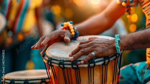 Macro photo focused on a hand playing a colorful bongo drum during a performance