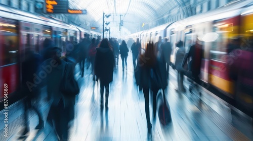 A motion-blurred image capturing the energy and urgency of anonymous commuters rushing to catch their trains on a large railway terminus platform.  photo