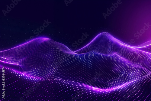 Abstract dark background with glow and purple glowing dots, line waves in the foreground. Bright neon purple color, gradient