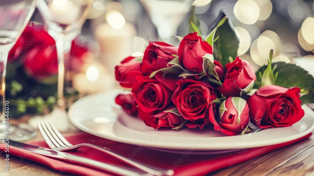 A white plate bearing red roses, nearby sits a wine glass filled with red wine A red napkin and silverware complete the scene atop a wooden table A white plate bearing red roses, nearby sits a wine glass filled with red wine A red napkin and silverware complete the scene atop a wooden table