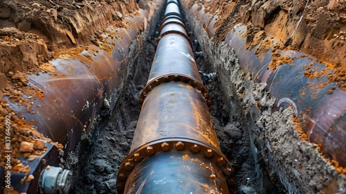 Gas and oil pipeline construction. Pipes welded together. Big pipeline is under construction