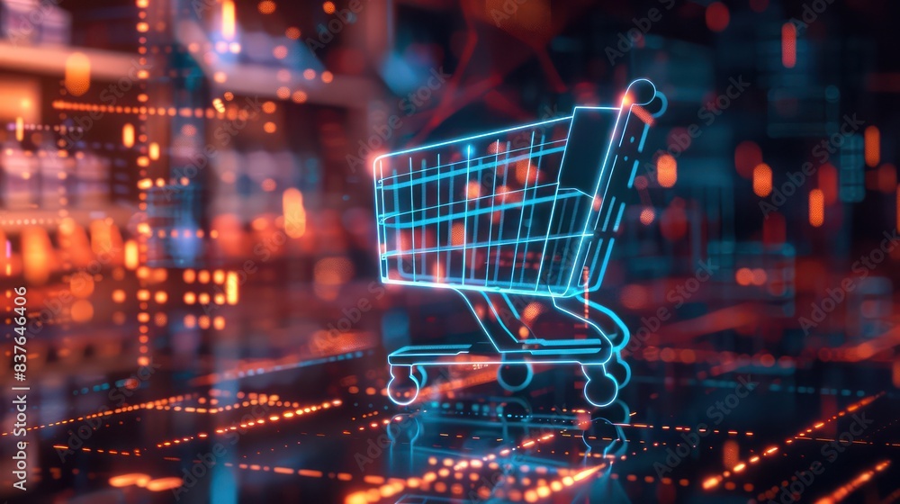 A sleek and modern 3D render of a holographic shopping cart icon against a futuristic background, symbolizing the convergence of digital technology and retail in online shopping. A sleek and modern 3D render of a holographic shopping cart icon against a futuristic background, symbolizing the convergence of digital technology and retail in online shopping.