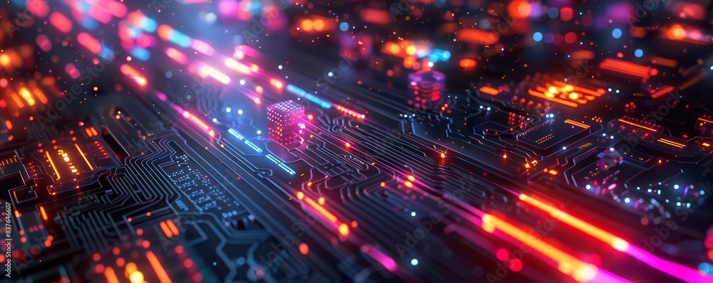 Quantum computing algorithms, digital interface, glowing qubits, futuristic design, high detail, neon lights, 3D rendering, vibrant colors Quantum computing algorithms, digital interface, glowing qubits, futuristic design, high detail, neon lights, 3D rendering, vibrant colors