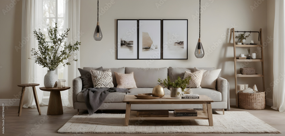 Modern living room with neutral tones, comfortable furniture, and chic decor creating a stylish and cozy atmosphere Modern living room with neutral tones, comfortable furniture, and chic decor creating a stylish and cozy atmosphere