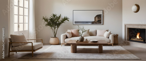 Serene and sophisticated modern living room with stylish decor, a cozy fireplace, comfortable furniture, and tasteful wall art