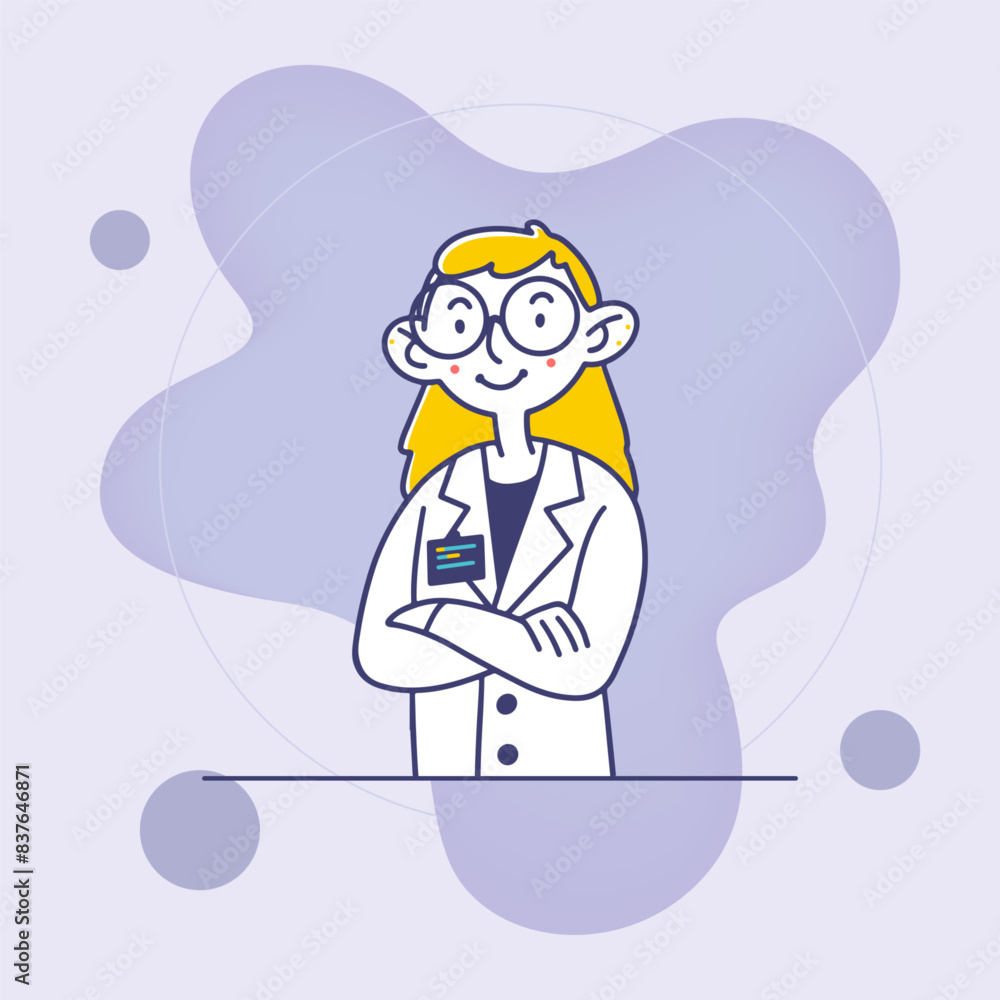 Female doctor in white coat and big glasses. Woman, medical practitioner, clinic flat vector illustration. Examination, healthcare, job concept for banner, website design or landing web page Female doctor in white coat and big glasses. Woman, medical practitioner, clinic flat vector illustration. Examination, healthcare, job concept for banner, website design or landing web page