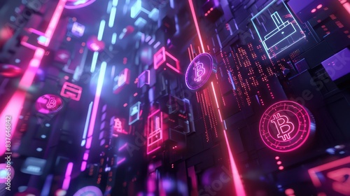 A vibrant 3D render of cryptocurrency icons and digital wallets floating in a digital space  with neon light effects and modern graphics adding depth and dimension.