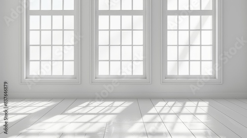  A white room featuring three windows White walls house these windows  while a tiled floor  made of white tiles  lies beneath