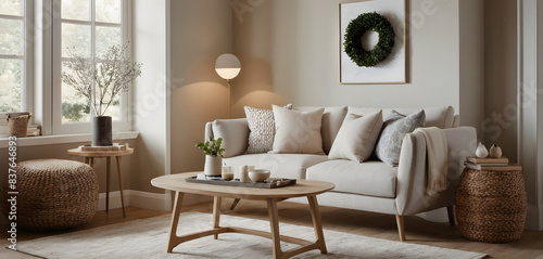 Serenely styled living room with a cozy sofa, wooden coffee table, and soft lighting for an elegant and neutral-toned ambiance