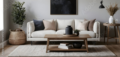Stylish living room with a cozy sofa, wooden coffee table, and sophisticated decor in a calming neutral color scheme