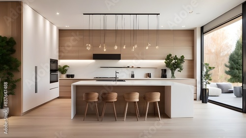 A stunning new luxury home's kitchen interior features a wooden floor, a kitchen island, and a light, minimalist design with ample space
