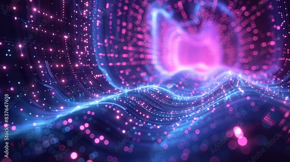 Quantum computing core, glowing qubits, futuristic lab, digital data streams, neon lights, high detail, 3D rendering, blue and purple hues, cyber elements