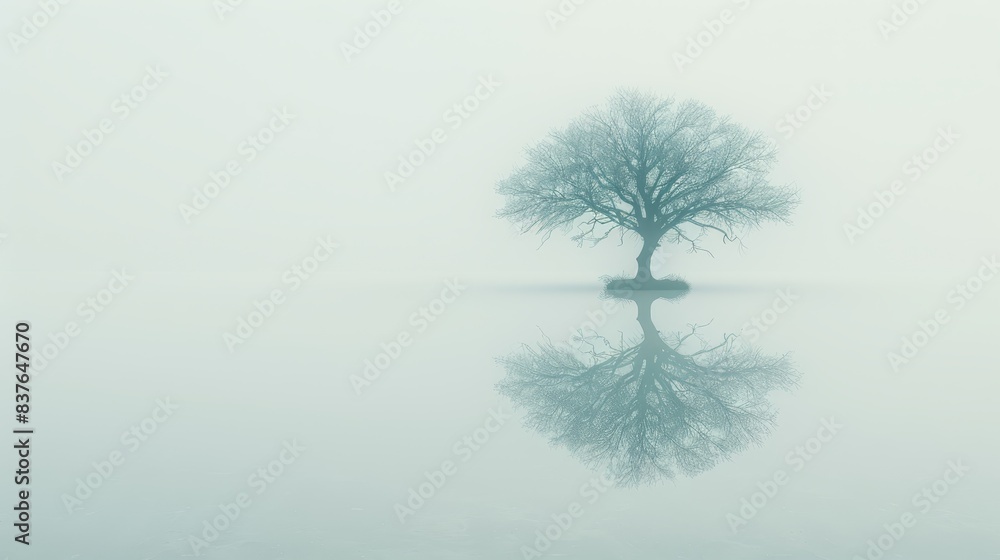 A lone tree sits in the middle of a foggy field; its reflection mirrors it on the tranquil water's surface, forming a clear image in the foreground A lone tree sits in the middle of a foggy field; its reflection mirrors it on the tranquil water's surface, forming a clear image in the foreground