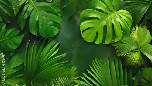 Tropical Plant Leaves: Monstera, Palm, Rubber, Pine, and Bird's Nest Fern. Concept Tropical Plants, Monstera, Palm, Rubber Plant, Pine Tree, Bird's Nest Fern