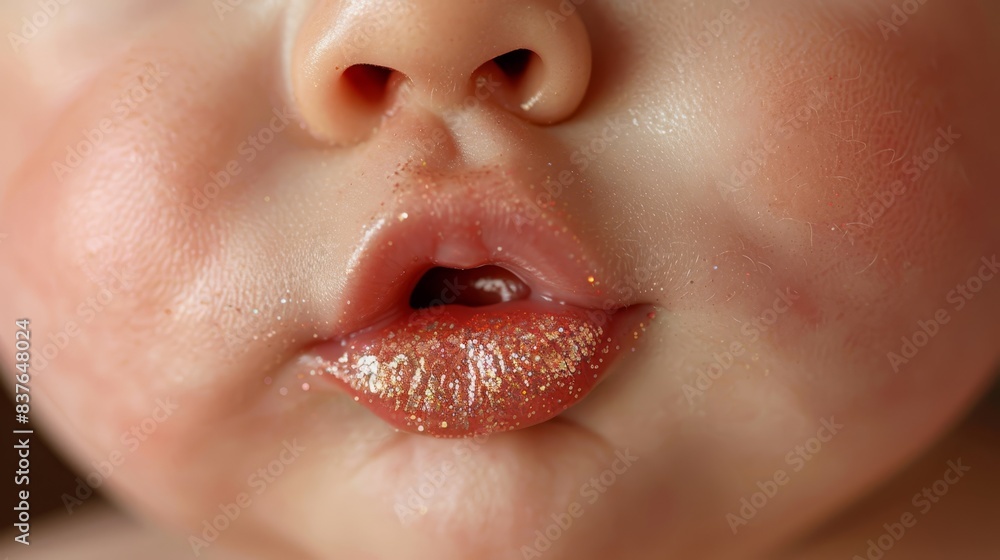Naklejka premium A tight shot of a baby's lips adorned with golden glitter, tongue slightly protruding