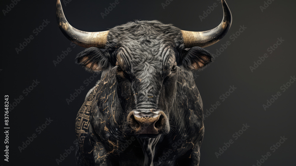 Image of a bull photographed with studio lights, a bull with a Japanese tattoo, on a black background. Image of a bull photographed with studio lights, a bull with a Japanese tattoo, on a black background.
