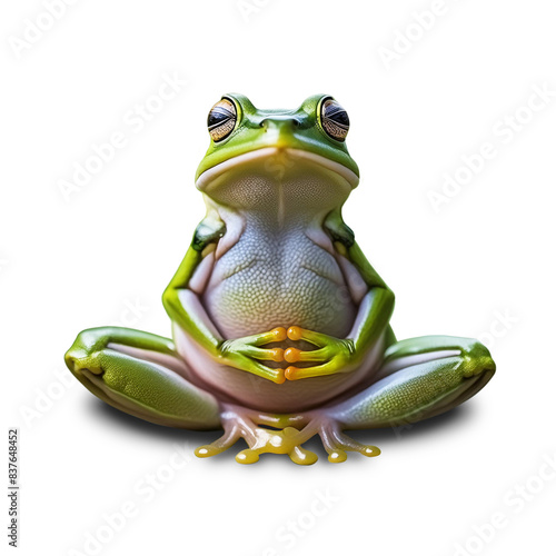 green frog Sitting meditation isolated on white