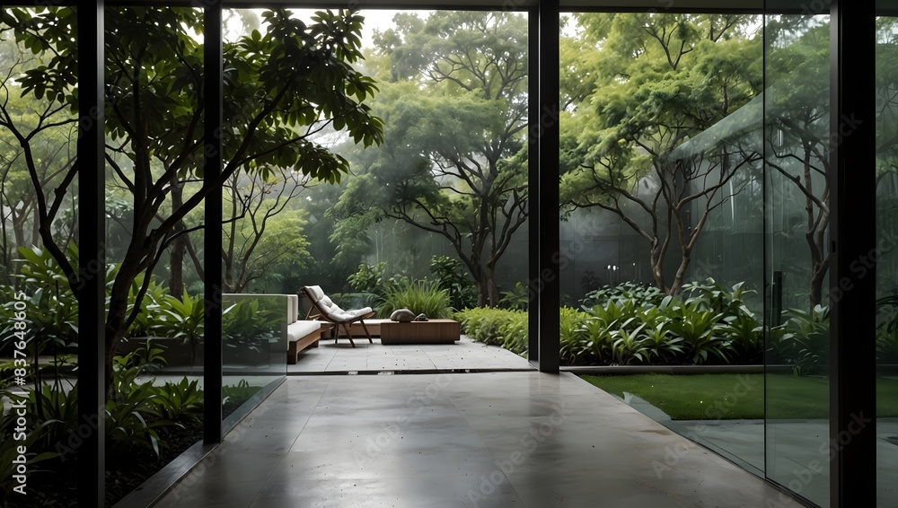 The contrast of a transparent glass window overlooking a serene garden, offering a tranquil escape from the hustle and bustle of city life ai_generated The contrast of a transparent glass window overlooking a serene garden, offering a tranquil escape from the hustle and bustle of city life ai_generated