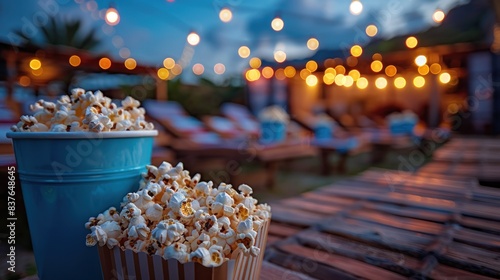 Outdoor summer movie backdrop with natural wood