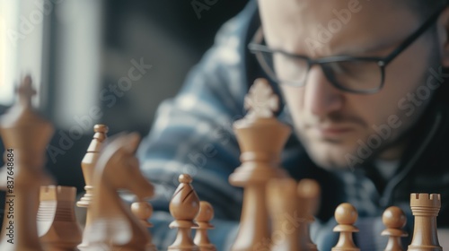 A set of chess pieces on a board with a blurred-out person contemplating a move