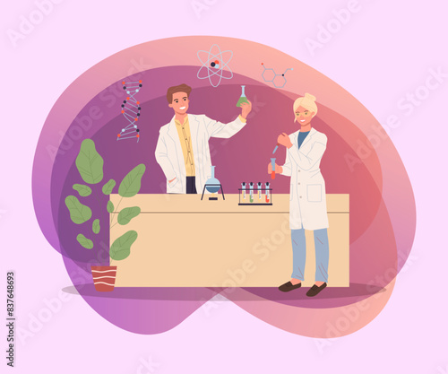 Male and female scientists working in lab. Research team conducting chemical experiment flat vector illustration. Biochemistry, test, medicine concept for banner, website design or landing web page