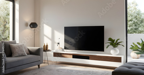 Interior designers are showing a modern living room with minimalist furniture bathed in sunlight