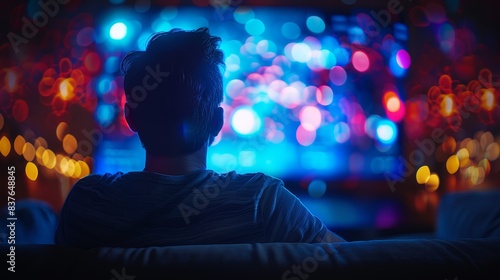  A man sits on a couch  the TV screen before him filled with indistinct lights His head is surrounded by a hazy backdrop of more blurry lights and an indeterm