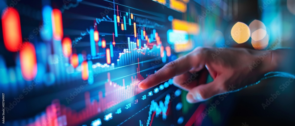 Analyzing Stock Market Trends: Financial Analyst Examining Stocks on Interactive Digital Dashboard with Real-Time Graphics Analyzing Stock Market Trends: Financial Analyst Examining Stocks on Interactive Digital Dashboard with Real-Time Graphics