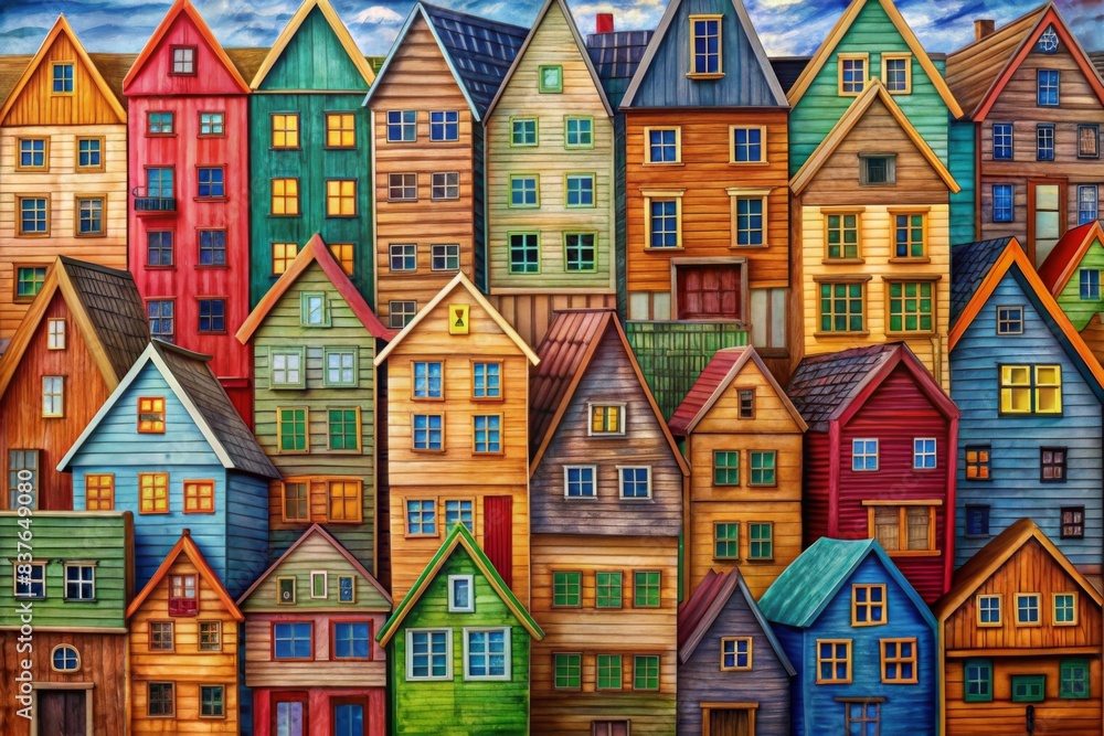 A colorful painting of many houses, houses made by wood, houses made in the same shape but different colors and sizes, houses with wooden windows A colorful painting of many houses, houses made by wood, houses made in the same shape but different colors and sizes, houses with wooden windows
