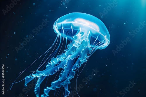 Transparent Jellyfish Floating in the Deep Blue Ocean Illuminated by Natural Light