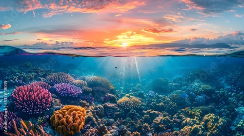 Magnificent Sunset Underwater Coral Reef Landscape with Vibrant Marine Life