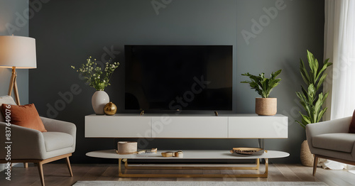 Interior designers putting the finishing touches on a living room with trendy furniture and a big tv