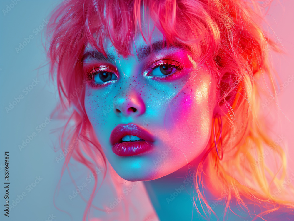 Close-up portrait of a woman with pink hair and colorful lighting. Whimsical and vibrant composition. Modern and artistic concept. Close-up portrait of a woman with pink hair and colorful lighting. Whimsical and vibrant composition. Modern and artistic concept.