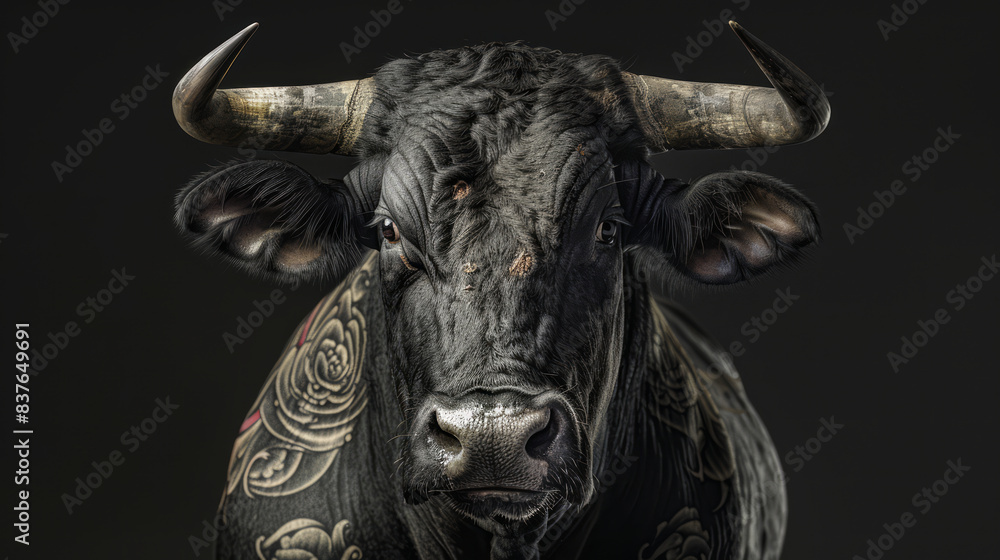 Naklejka premium Image of a bull photographed with studio lights, a bull with a Japanese tattoo, on a black background.