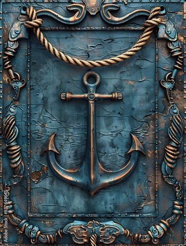 Vintage Nautical Themed Bronze Frame with Ropes and Anchors Ideal for Maritime Artwork photo