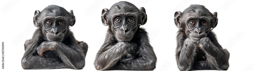 Three Bonobo Apes Sitting With Hands Crossed, Looking at Camera Three Bonobo Apes Sitting With Hands Crossed, Looking at Camera