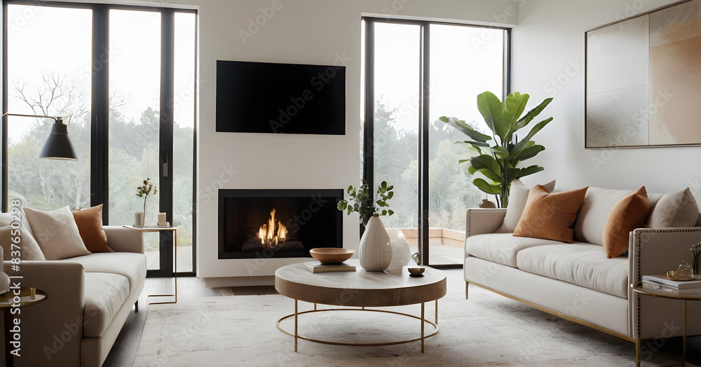 Creating a cozy and peaceful atmosphere in a modern living room with a fireplace, expansive windows, and chic decor Creating a cozy and peaceful atmosphere in a modern living room with a fireplace, expansive windows, and chic decor