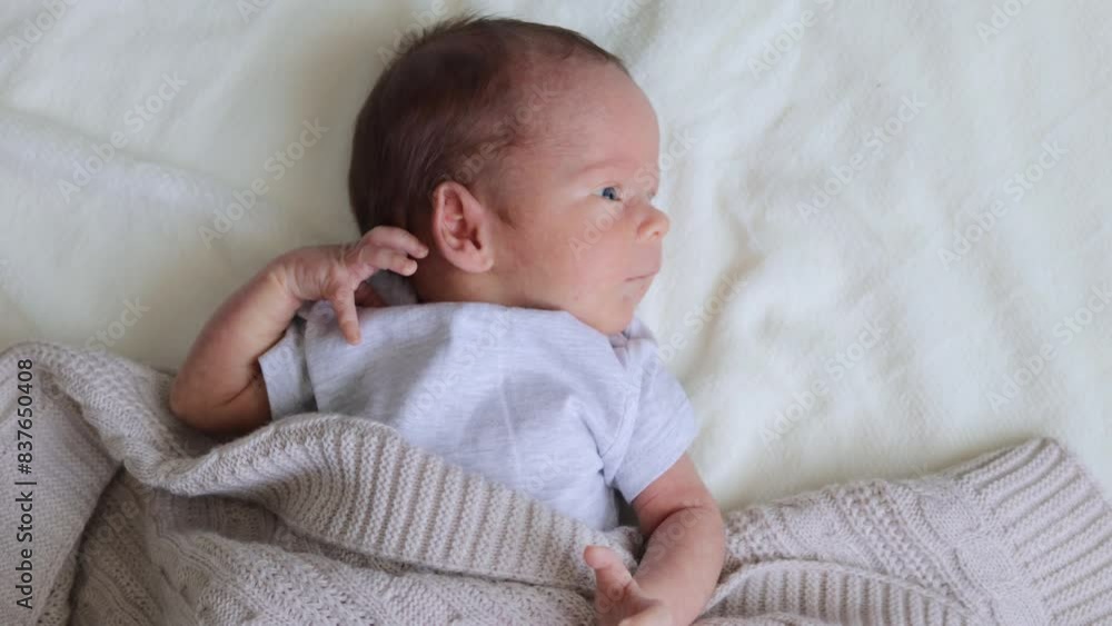 Newborn baby boy in bed sleeping under gray knitted blanket. comfortable bedding for kids infant child napping in bed Newborn baby boy in bed sleeping under gray knitted blanket. comfortable bedding for kids infant child napping in bed