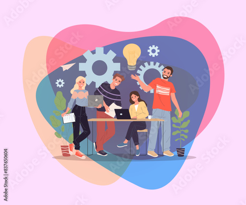 Startup team brainstorming. Young men and women with laptops, light bulb, gear wheels working together flat vector illustration. Teamwork, creativity concept for banner, website design or landing web 